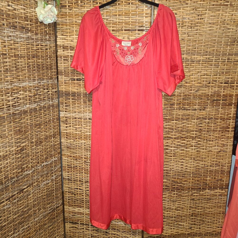 VTG Kelly Reed Nylon Nightgown Red Embroidered Neckline Size 2X Made in USA